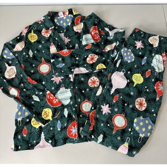 Old Navy 2 Piece Flannel Pajamas Size S Green Christmas Ornaments Cotton - Picture 1 of 9